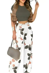 Two Piece Sets Elegant Print Short Sleeve Shirt Pullover + Wide Leg Pants Suits